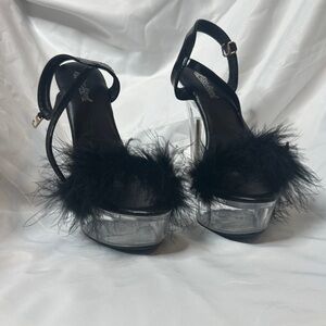 Ellie Shoes Black and Silver Feathered Platforms